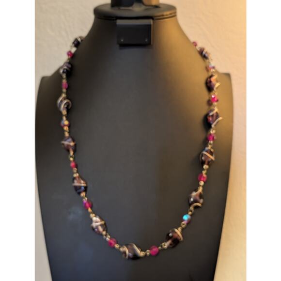VTG Purple Wire Wrapped Glass Bead & Pink AB Crystal Bead Silver Tone Necklace - Picture 1 of 7